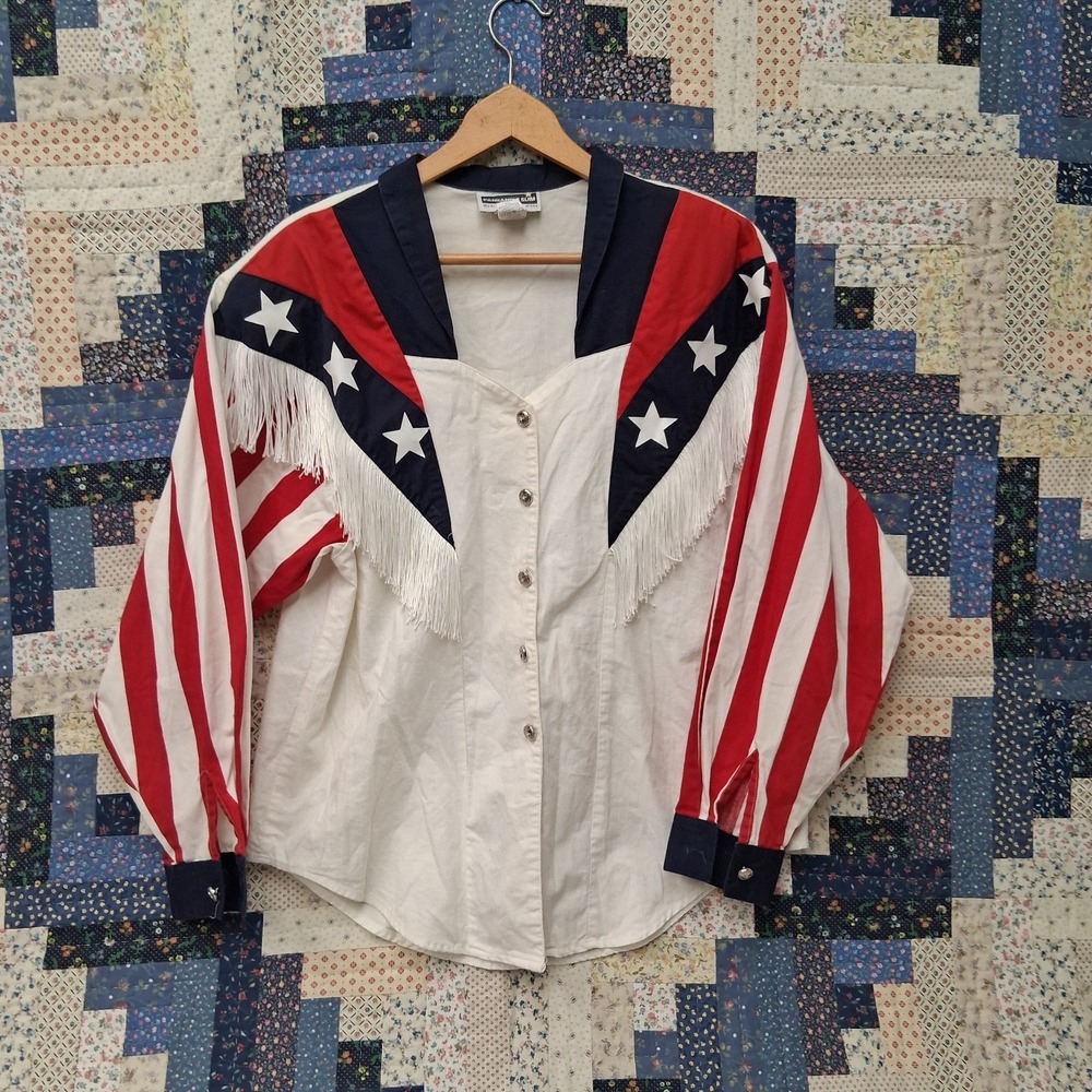 Vintage Panhandle Slim Shirt Women Large Flag Fringe Patriotic Western Festival